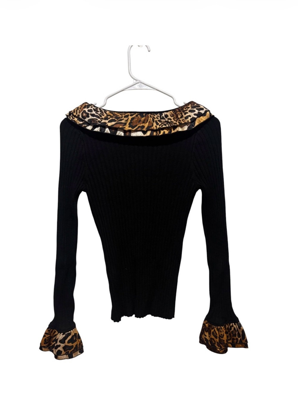 Belldini Black Ribbed Zip Cardigan with Leopard Ruffle Trim - Picture 5 of 6